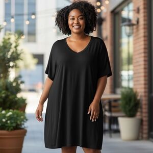 LOFT Black V Neck Jersey Knit Shift Dress Wardrobe Staple Stretch Pull On XL